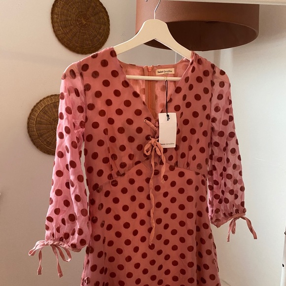 Pink Long Sleeve Midi Dress with Velvet Polkadots - Picture 1 of 3